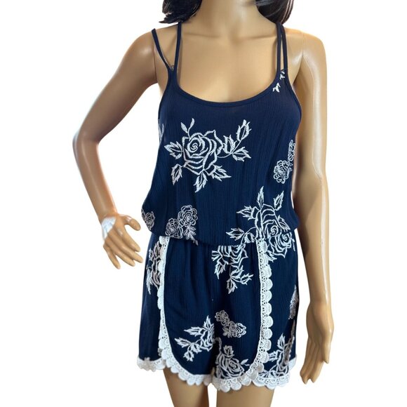 Sequin Hearts Pants - (5 for $25) Sequin hearts Lace Trim Floral Romper in Navy Size Medium